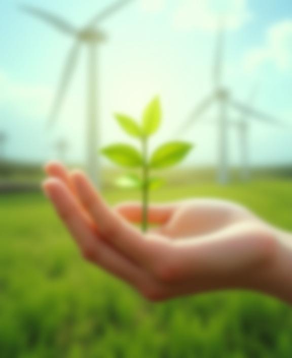 Una mano sosteniendo una pequeña planta con turbinas eólicas y paneles solares al fondo, simbolizando energía limpia.